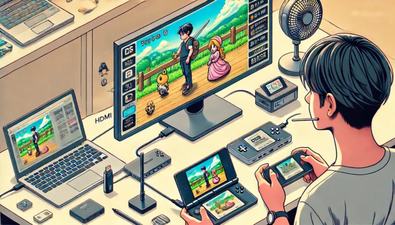 HDMI出力に対応したAndroidスマートフォンを使用し、Nintendo DSの上画面をモニターに映し出しつつ、下画面はスマートフォン上でスタイラスペンを使って操作する日本人ユーザーのイラスト。デスクにはBluetoothコントローラー、スマホスタンド、冷却ファンも配置されており、快適なプレイ環境が整えられている。