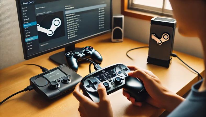 日本人ユーザーがSteam Deckを使ってコントローラー設定を確認している様子。Steam DeckはUSB-Cハブを通じてモニターに接続され、デスク上にはPlayStation系コントローラーが置かれている。モダンで整った日本のリビングルーム環境。