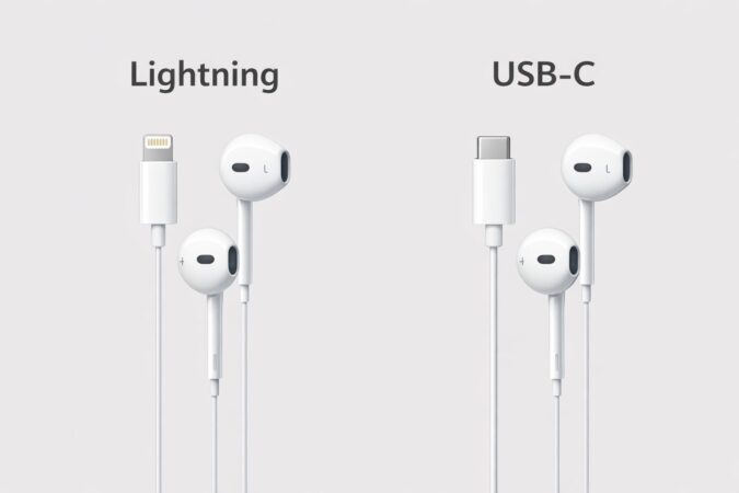 EarPodsの端子違い（Lightning版とUSB-C版の比較図）