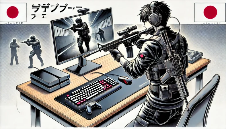 FPSゲームをプレイする日本人ゲーマーが、ガラスやアルミ、プラスチック製のハードタイプマウスパッドを使い、集中してゲームに臨んでいるイラスト。操作の安定性とパフォーマンス向上を意識したシーン。