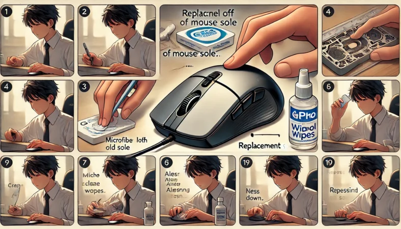 日本人の人物がGPROマウスのソールを交換している様子を段階的に描いたイラスト。古いソールを丁寧に剥がし、底面を清掃し、新しいソールを正しく貼り付けている。作業台には交換用ソール、クリーニング用品が整理されて置かれている。