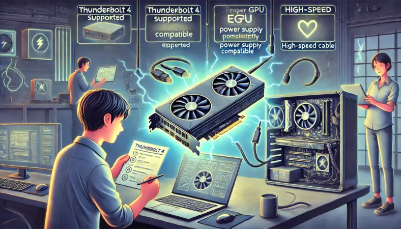 Thunderbolt 4でGPUを正常に動作させるための条件を確認する日本人男性と、対応機器・ケーブル・電源のチェックリストが浮かぶイラスト