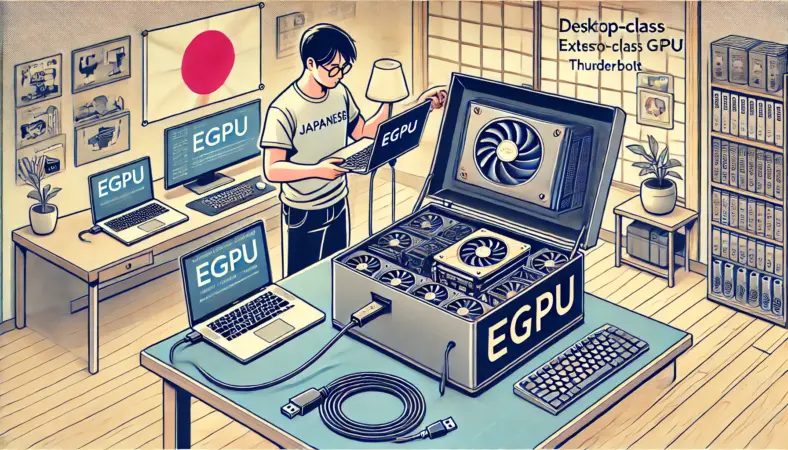 ノートパソコンにデスクトップ級のeGPUを接続する日本人男性のイラスト。Thunderboltケーブルで接続された大型eGPUボックスと、中に見えるGPUが描かれている。