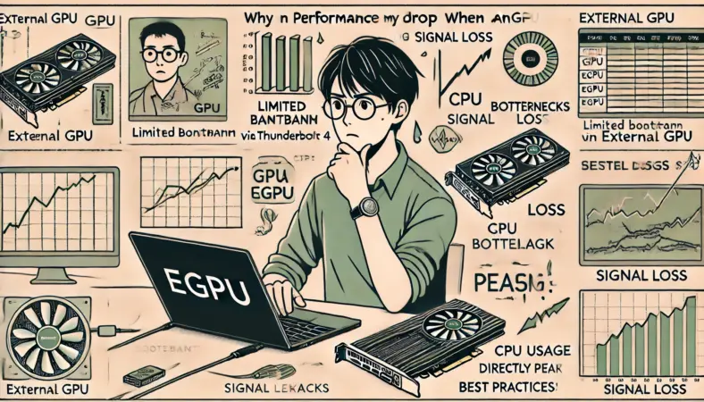 eGPU利用時に帯域制限やCPUボトルネックによって性能が低下する理由を説明する日本人男性と技術図のイラスト