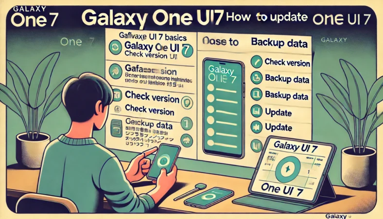 Galaxy One UI 7の基本情報とアップデート方法を確認する日本人ユーザーのイラスト。スマートフォン画面にはソフトウェア更新オプションが表示され、隣のタブレットに手順のチェックリストが見える。穏やかで分かりやすい雰囲気の中、更新の流れを理解している様子。