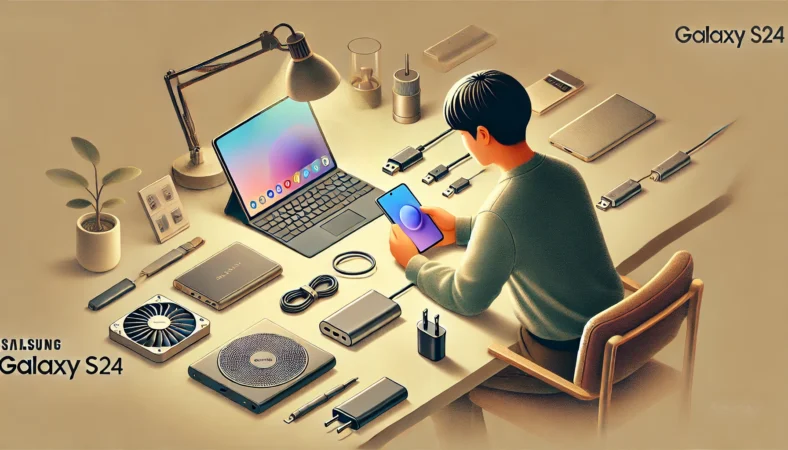 Galaxy S24を使う日本人ユーザーが、自宅のデスクでUSB-C SSDや急速充電器、ワイヤレス充電器、スマホスタンドなどの周辺機器に囲まれながら快適に操作している様子のイラスト。アップデート後の使用感向上をイメージした整理された作業環境。