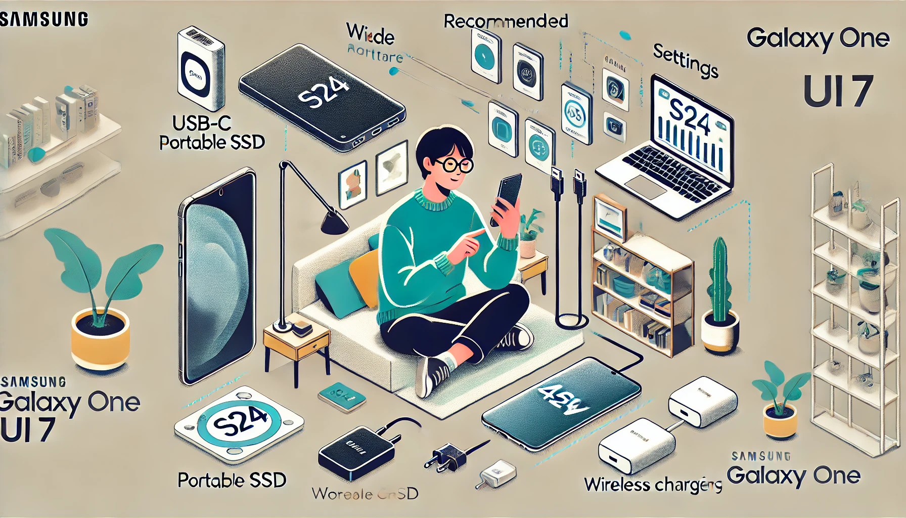Galaxy One UI 7の使用を快適にするための推奨アクセサリと設定を備えた日本人ユーザーのイラスト。自宅のデスクで、USB-CポータブルSSD、45W急速充電器、ワイヤレス充電器、S24対応の保護ケースに囲まれ、Galaxyスマートフォンを操作している様子。快適で整った作業環境が描かれている。