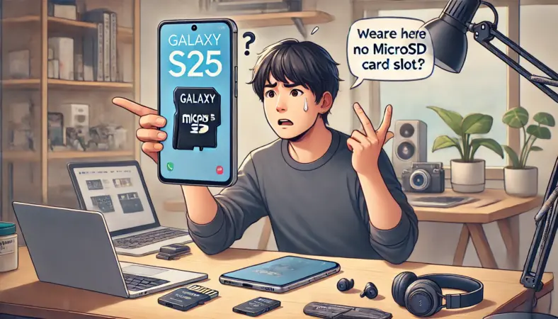 Galaxy S25を操作しながらmicroSDカードスロットがないことに戸惑う日本人男性のイラスト。周囲にはノートパソコンやカメラなどのデバイスがあり、現代的なデスク環境が描かれている。