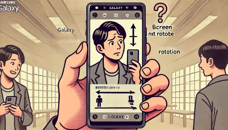 Galaxyスマートフォンを横向きに持っても画面が回転せず、右下の回転アイコンを見て困惑する日本人ユーザーのイラスト。室内での自然な操作シーンを描写。