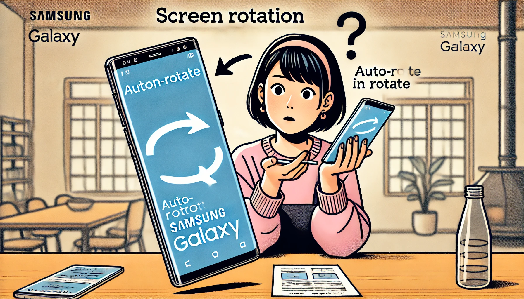Galaxyスマートフォンの画面が回転しない状況に戸惑う日本人女性ユーザーのイラスト。スマホは横向きに置かれているが、画面は縦表示のままになっている様子が描かれている。
