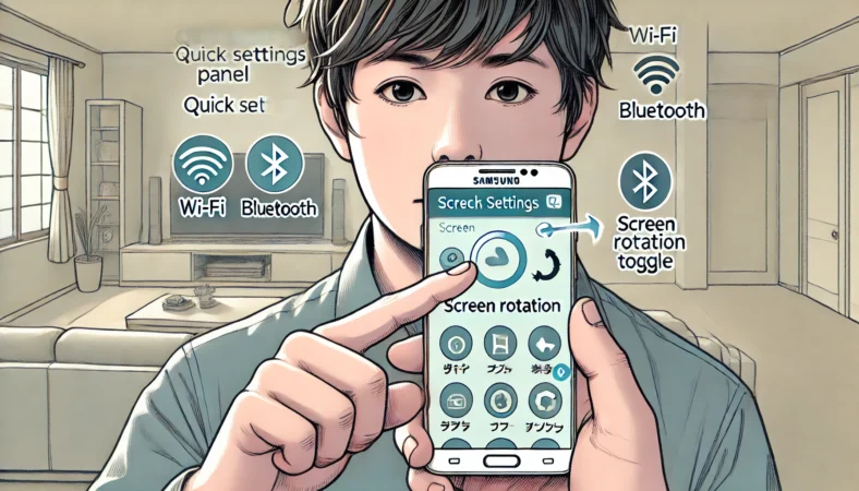 日本人ユーザーがGalaxyスマートフォンのクイック設定パネルをスワイプで表示し、画面回転のアイコンを探している様子を描いたイラスト。