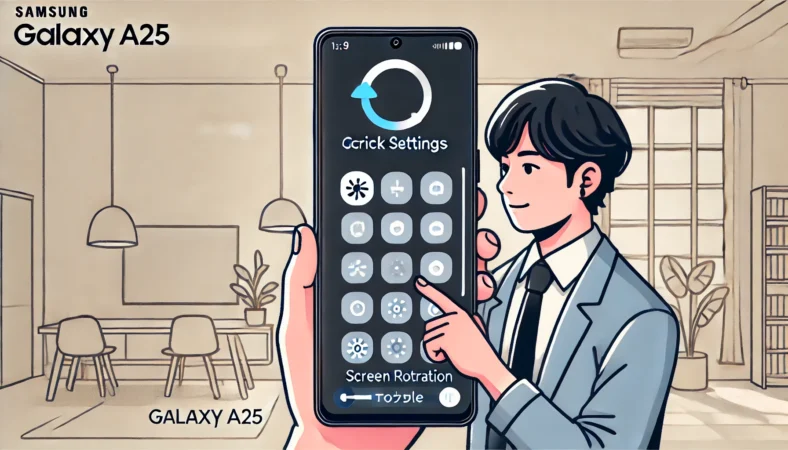 Galaxy A25スマートフォンのクイック設定をカスタマイズし、画面回転のトグルを1列目に移動している日本人ユーザーのイラスト。明るい室内環境で操作中の様子が描かれている。