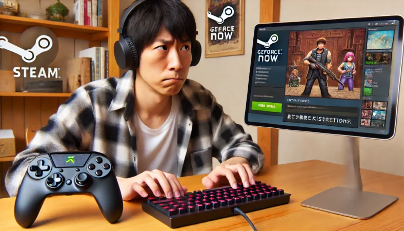 iPadでGeForce NOWを使い、キーボードとマウス操作に戸惑う日本人ユーザー。テーブルにはBluetoothゲームコントローラーが置かれており、操作手段として推奨されている様子を示す室内シーン。