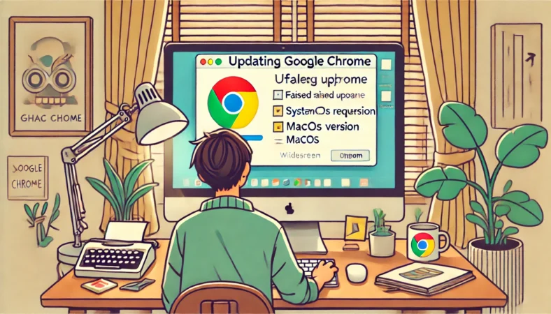 MacBookでGoogle Chromeのアップデートができず、macOSのバージョンや空き容量などのシステム要件を確認している日本人ユーザー。自宅の整った作業環境で真剣に対処している様子が描かれている。