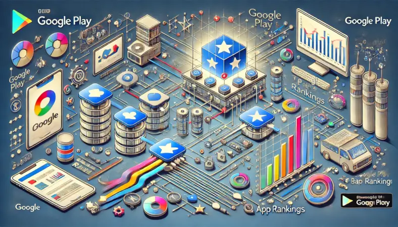 ユーザーの購入データがGoogleのサーバーを通じて処理され、アプリランキングに反映される仕組みを視覚化したコンセプトイラスト。アプリやサーバー、グラフなどのアイコンが流れるように配置され、ランキング更新の流れを表現。