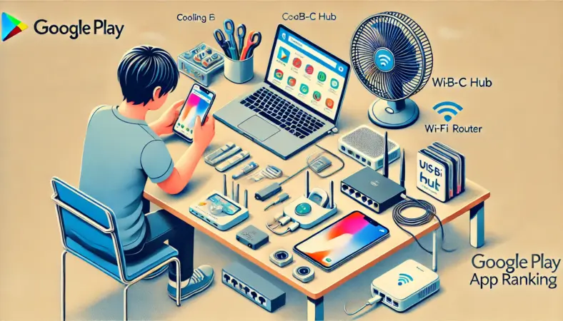 日本人の人物が整ったデスクで、Google Playランキングの検証用にスマートフォンとノートPCをUSB-Cハブで接続し、スマホには冷却ファンが取り付けられている。周囲にはWi-Fi 6ルーター、キャプチャーボード、有線LAN、スマホスタンドなどのガジェットが整理され、観測環境の安定性と快適さを象徴するイラスト。