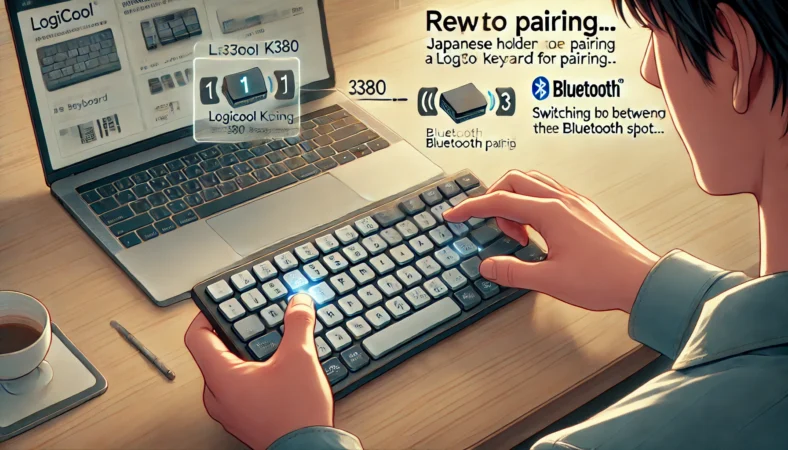 Logicool K380キーボードの再ペアリングを行う日本人ユーザーが、スロット「1」キーを長押ししてLED点滅させ、Bluetooth画面を開いたノートPCと接続中の様子。マルチデバイス切り替え機能が視覚的に表現された整ったデスク環境。