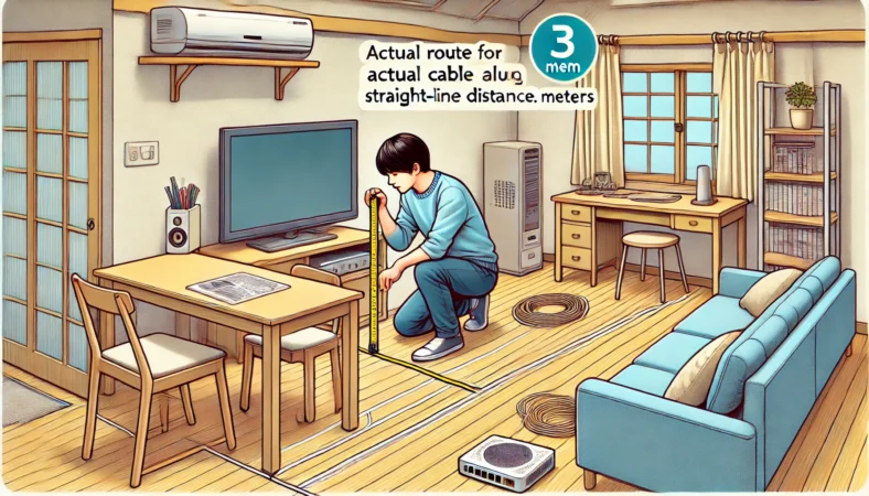 日本の家庭で、床や家具の周囲を測りながらLANケーブルの配線ルートを確認する日本人男性。3メートルで足りるかを真剣に検討している様子。