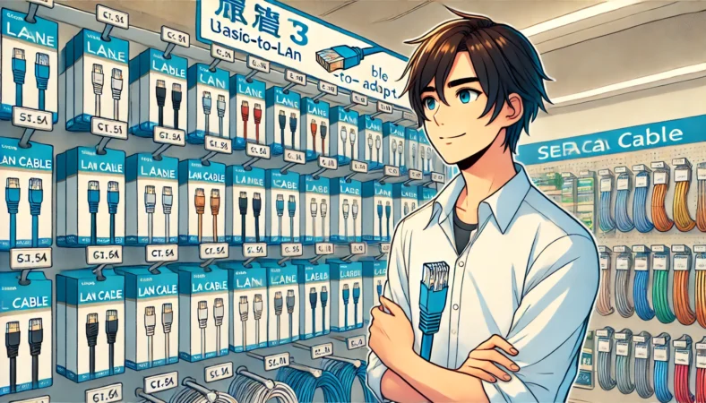 セリアのLANケーブル売り場で、Cat6ケーブルを手にして満足そうな日本人男性。棚には様々な長さや種類のLANケーブルが整然と並ぶ。
