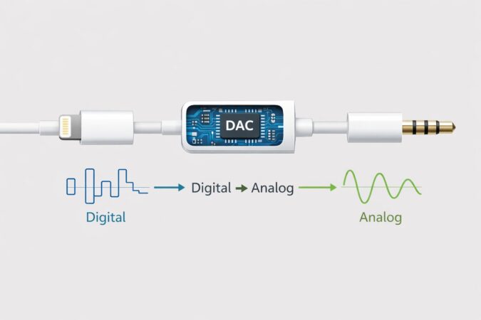 Lightningから3.5mmへ変換するアダプタの概念図（DAC内蔵が前提）