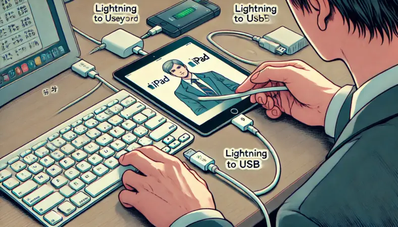 Lightning端子のiPadに、有線キーボードを変換アダプタを介して接続している日本人ユーザーのイラスト。給電用のモバイルバッテリーも使用されており、変換の複雑さや注意点を表現した構成。