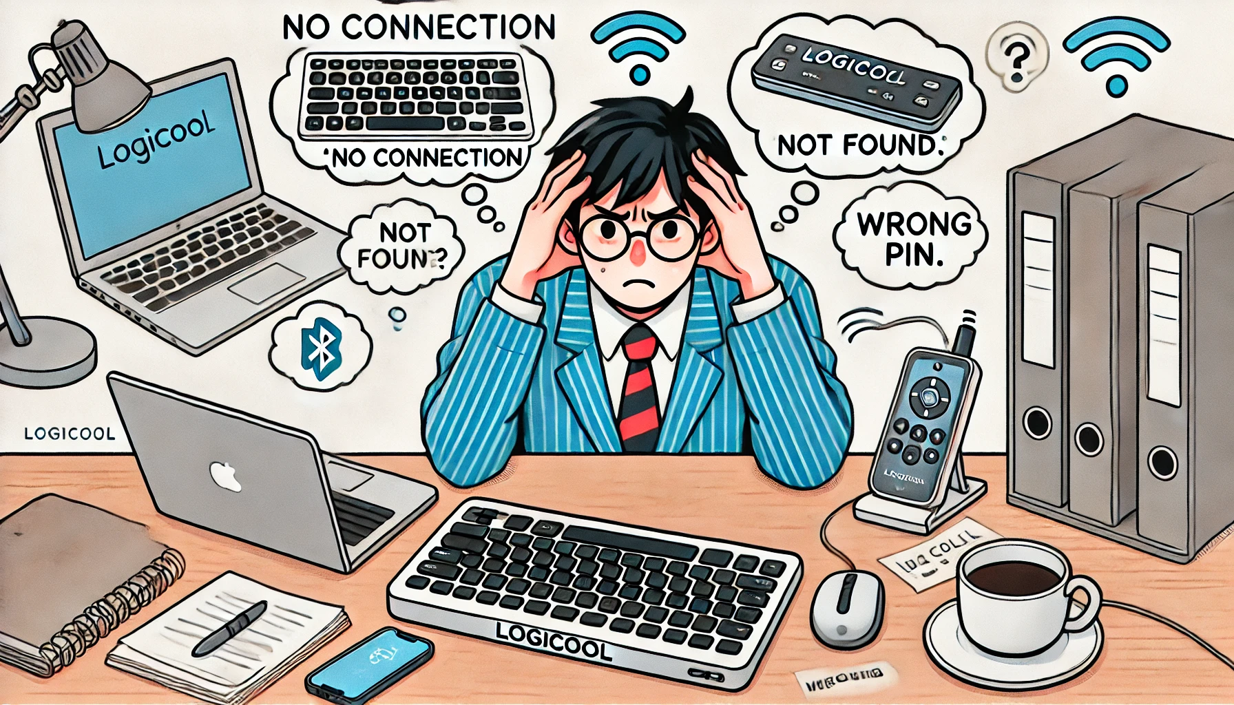 ロジクールのキーボードが接続できず困惑している日本人のオフィスワーカーがデスクに座り、ペアリングエラーに悩む様子。ノートPCやスマホ、マグカップなどが机に並ぶ。思考バブルには接続失敗やPINミスなどの問題が描かれている。