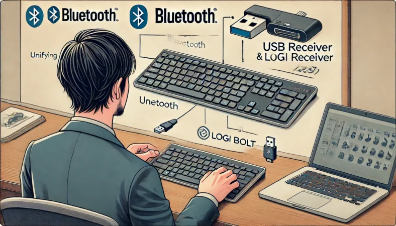 Bluetooth接続とUSBレシーバー（Unifying・Logi Bolt）の違いを比較している日本人のオフィスワーカー。キーボードの裏面にあるロゴを確認しながら、接続方式の選択に悩む様子。机の上にはノートPC、USBレシーバー、キーボードの箱などが並ぶ。