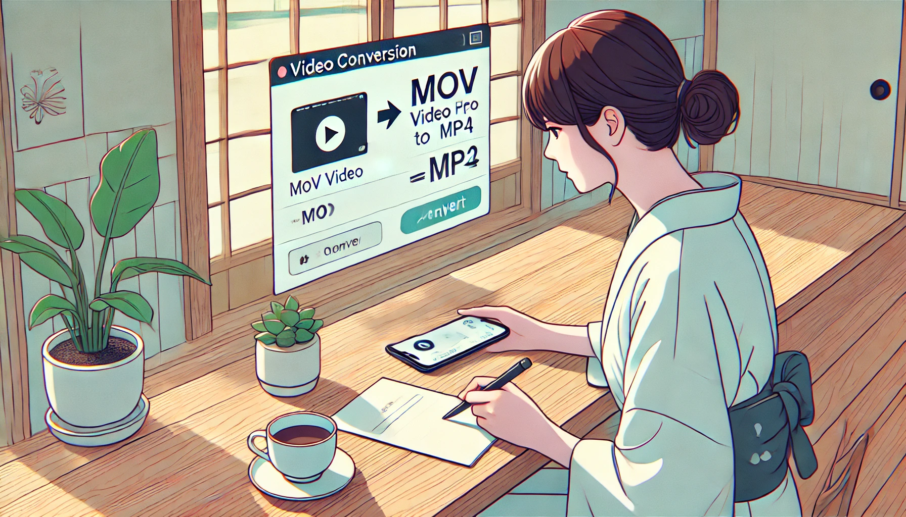 明るい和風の部屋で、iPhoneを使ってMOVファイルをMP4に変換している日本人女性のイラスト。テーブル上にはお茶とノートがあり、シンプルで実用的な雰囲気が表現されている。