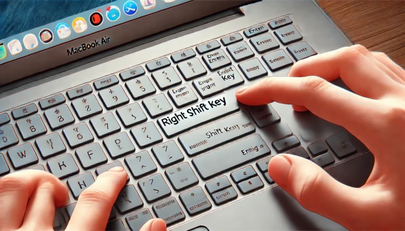 MacBook Airの右Shiftキーを探す日本人ユーザーの様子。右下のキー配置の密集により、Shiftキーの視認が難しいことを示す。