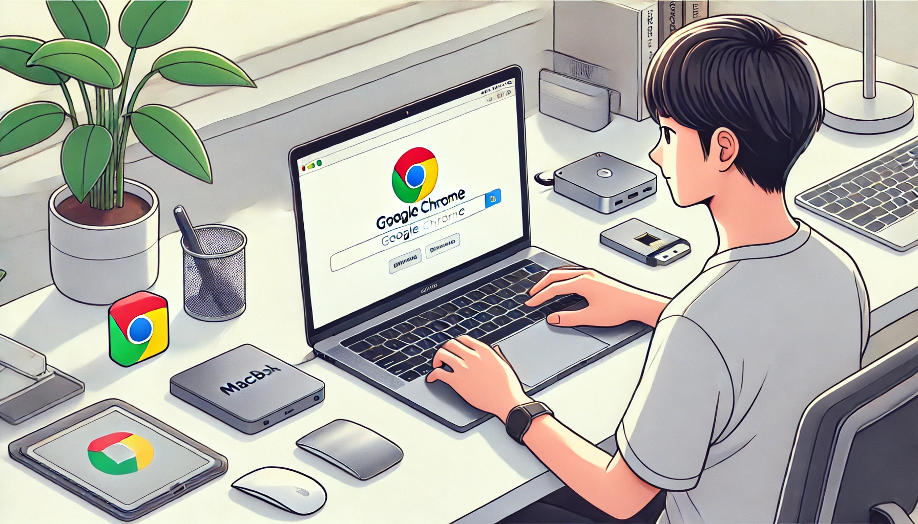 日本人のユーザーがMacBookでGoogle Chromeを快適に操作している様子。周囲にはワイヤレスマウス、外付けSSD、USB-Cハブが配置され、明るく整ったデスク環境が生産性の高さを表現している。