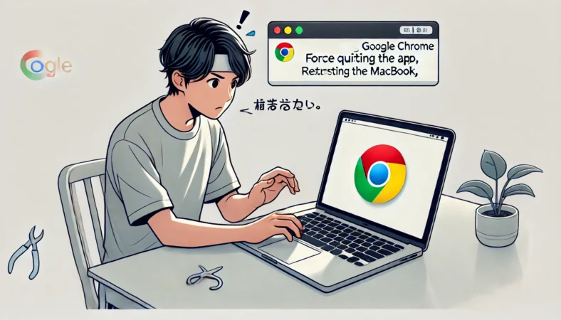 MacBookでGoogle Chromeを快適に使うために、設定や周辺機器を活用して効率化を図る日本人ユーザー。デスクには無線マウスや外付けSSDがあり、落ち着いた作業環境が整っている。
