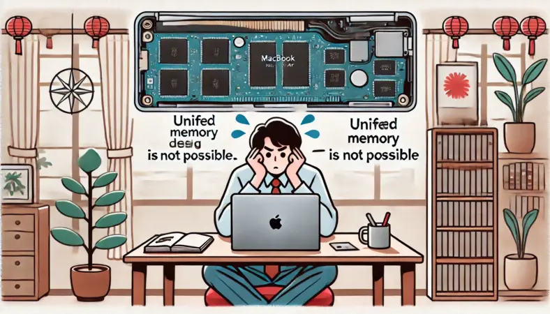 メモリ増設ができずに悩む日本人がMacBook Airを前に困惑しているイラスト。統合されたユニファイドメモリ構造が表示され、自宅オフィスのデスク上にはノートとペンが置かれている。