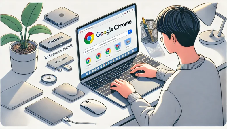 MacBookにGoogle Chromeをインストールするため、公式サイトから正規の手順でDMGファイルをダウンロードし、アプリケーションフォルダに移動する日本人ユーザーのイラスト。デスクにはMacBookと周辺機器が整然と並ぶ。