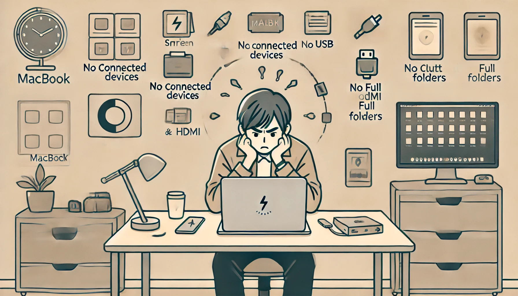 MacBookを前にフラストレーションを感じている日本人男性が、接続不足や画面の狭さ、ストレージ満杯の問題に悩む様子を描いたイラスト