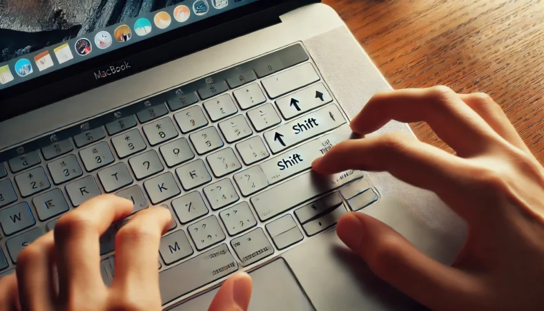 MacBookの左Shiftキーと右Shiftキーの位置を示す、木製デスク上のキーボードと日本人の手元のクローズアップ画像。左ShiftはCaps Lockの下、右Shiftは矢印キー付近に位置している。