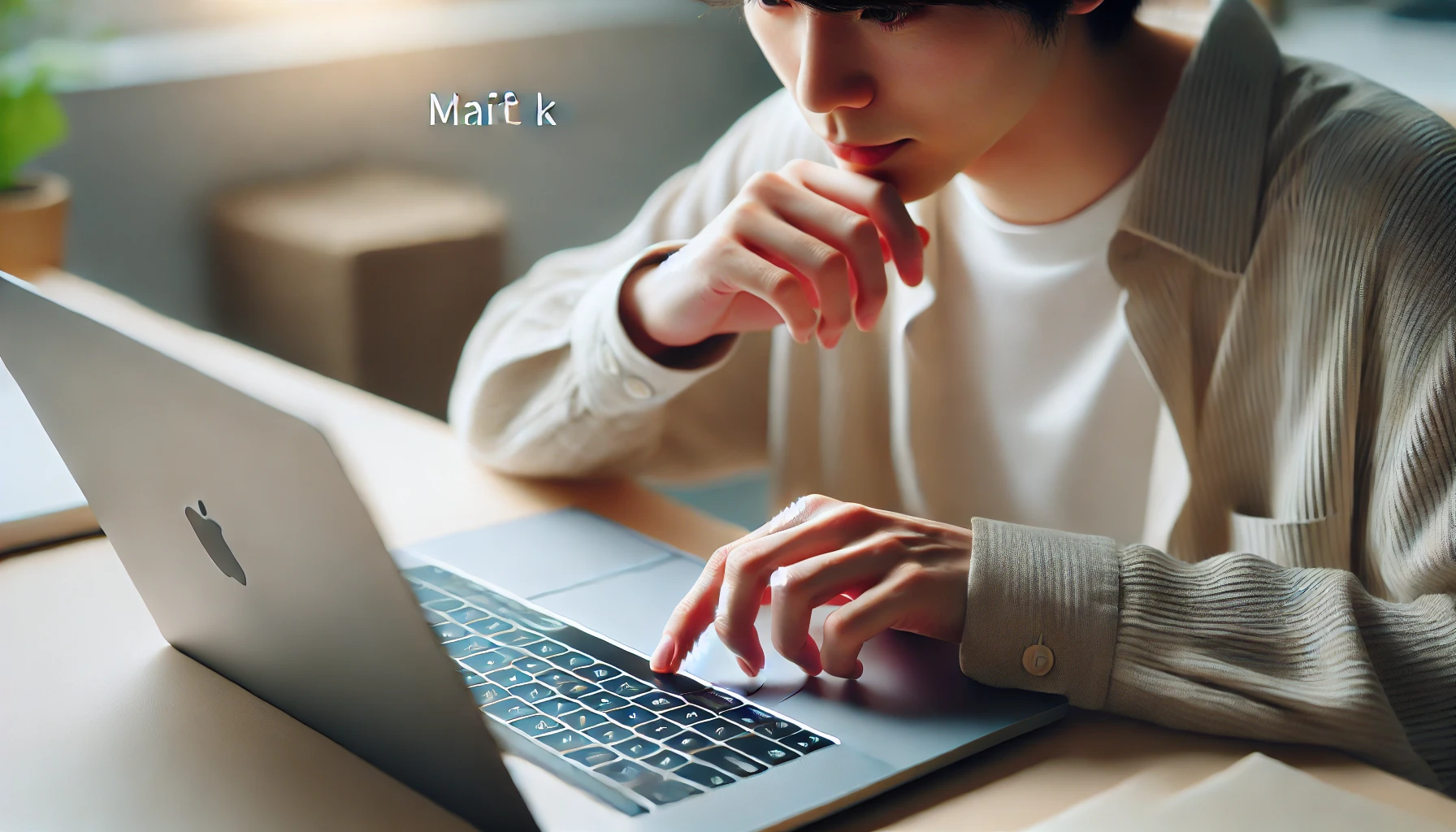 MacBookのキーボードを見ながらShiftキーの場所を探している日本人のユーザー。デスク上のMacBookが開かれ、左右のShiftキーが確認できる。