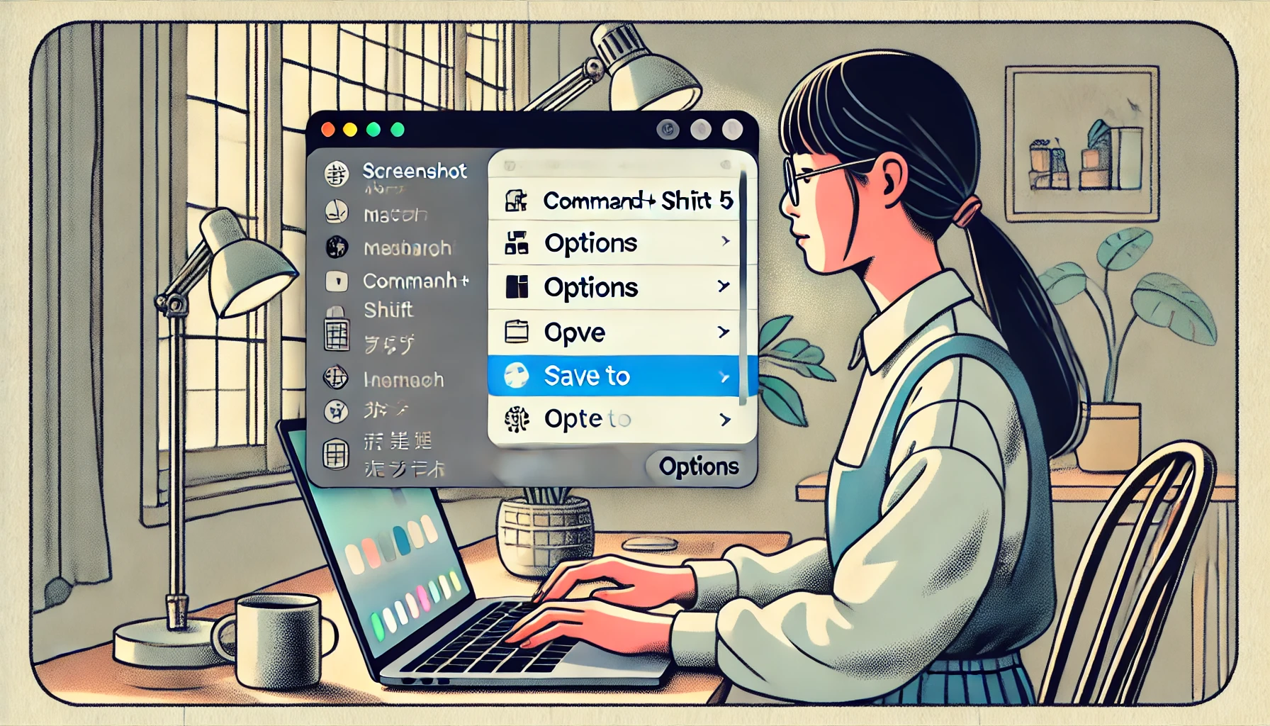 MacBookを使ってスクリーンショット設定画面を開く日本人女性のイラスト。保存先オプションが表示されたmacOSのスクリーンショットパネルと、自然光の入るモダンなデスク環境が描かれている。