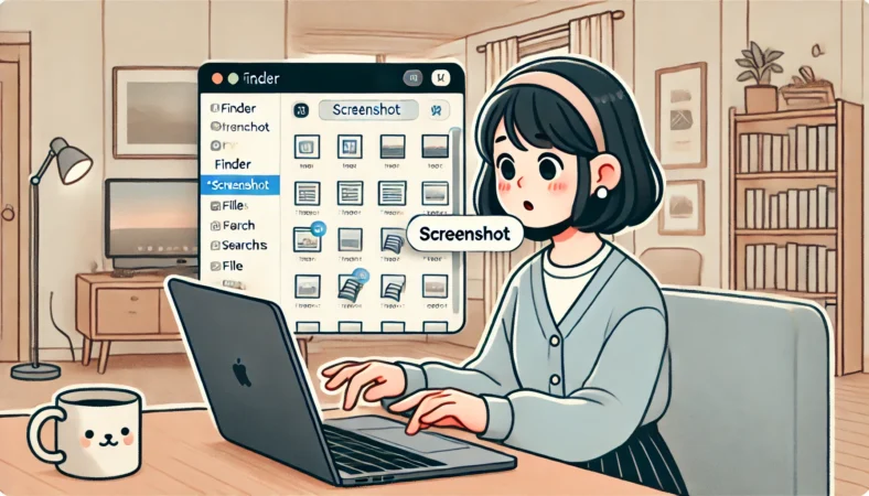 Finderで「Screenshot」と検索してスクショファイルを探す日本人女性のイラスト。MacBook画面には複数の検索結果が表示されており、整理された室内でやや困った様子の女性が操作している。