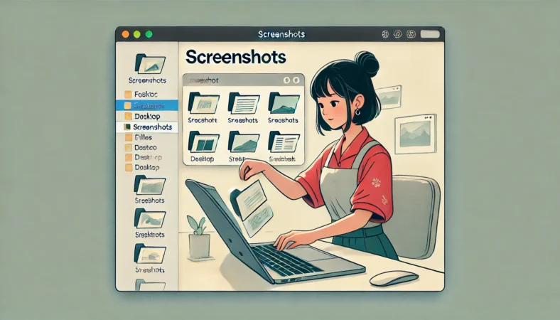 MacBookでスクリーンショットを整理する日本人女性のイラスト。Finder上に「Screenshots」フォルダが開かれており、デスクトップからファイルを移動させている様子。整った作業空間で落ち着いた雰囲気が表現されている。