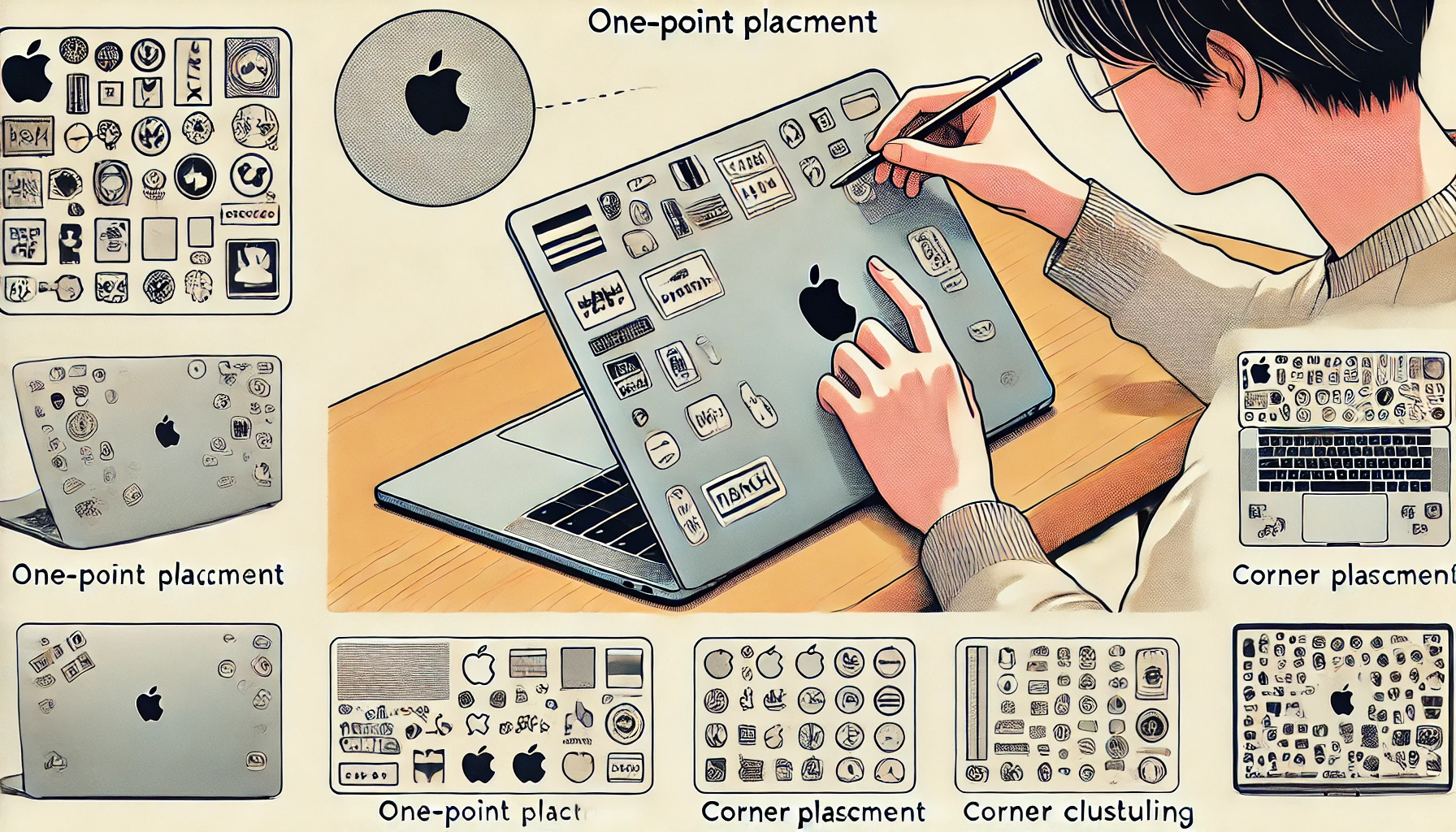 日本人がMacBookにステッカーを貼る様子を描いたイラスト。ワンポイント配置、角に寄せた配置、三角構図などのレイアウト例が丁寧に示され、清潔なデスク環境で作業している。美しく貼るためのガイドとして最適なビジュアル。