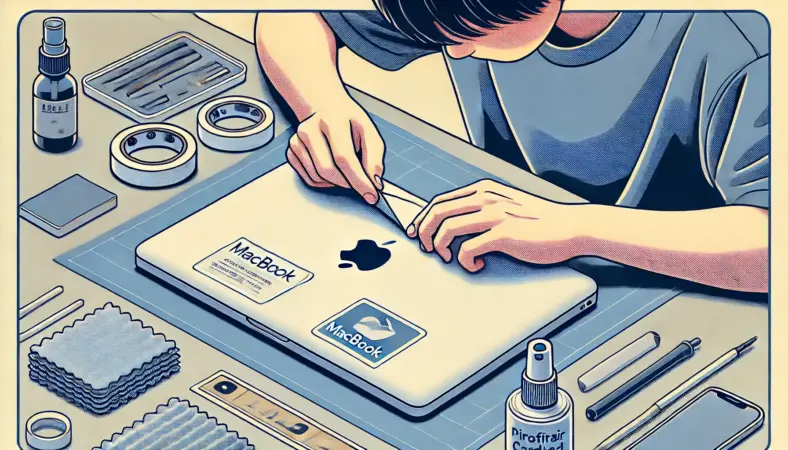 日本人がMacBookの天板にステッカーを貼る工程を丁寧に実行しているイラスト。マスキングテープで仮固定し、台紙を一部剥がしてスキージーで中央から外に向かって貼り付けている作業シーン。