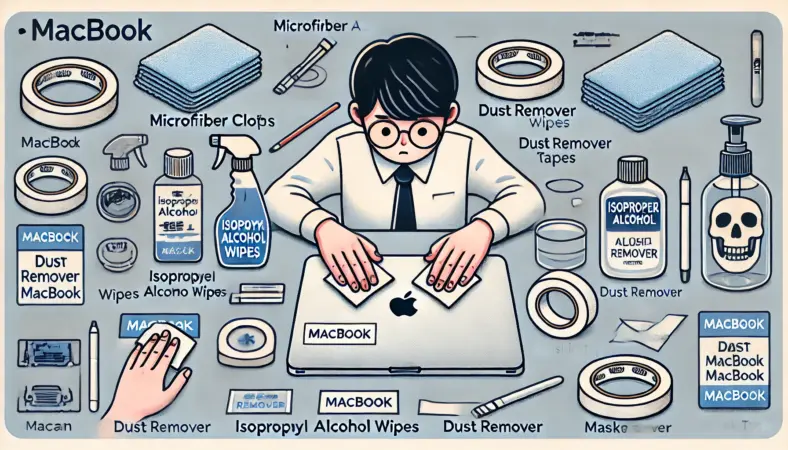 MacBookにステッカーを貼る前の準備をする日本人の様子を描いたイラスト。マイクロファイバークロスやアルコールワイプ、ホコリ取りシール、マスキングテープなどを使って天板を丁寧に清掃・整備している。整った作業スペースで、失敗しにくい貼り付け準備が視覚的にわかる。