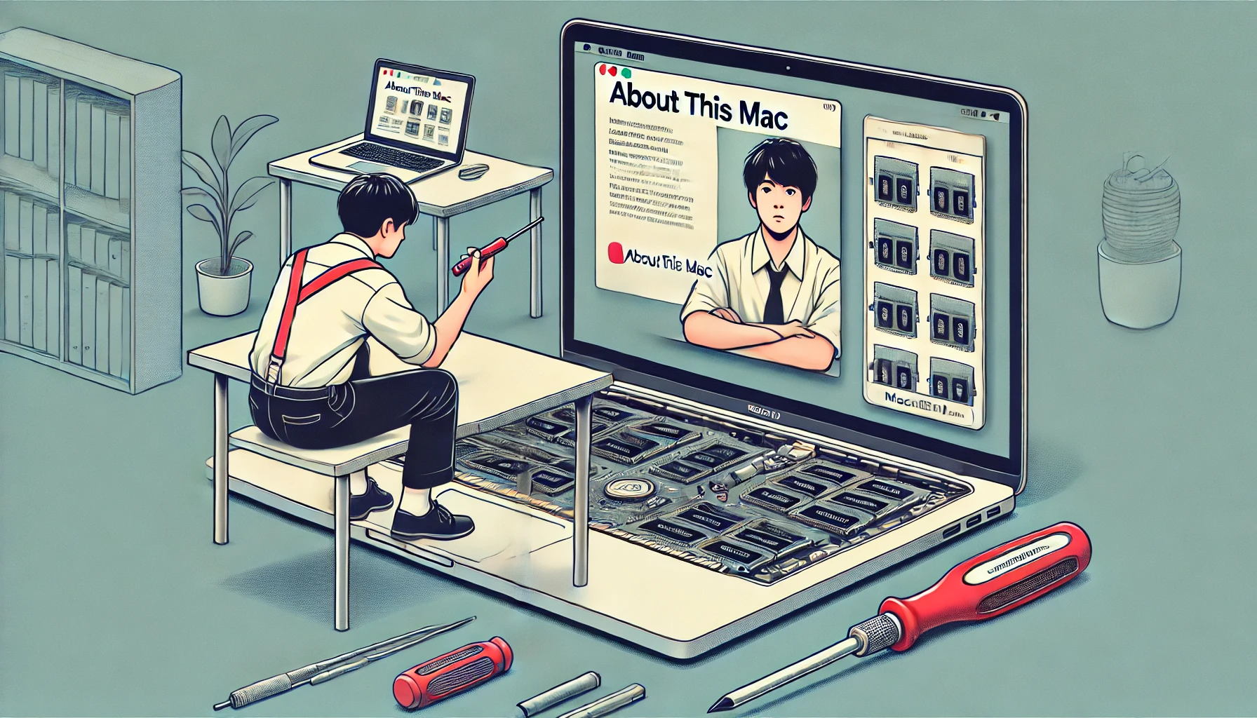 日本人男性が机の上でMacBookの内部を確認しているイラスト。MacBookの裏蓋は開かれており、メモリスロットが見える。精密ドライバーなどのツールが周囲に置かれ、画面には「このMacについて」のウィンドウが表示されている。室内はシンプルでモダンな雰囲気。