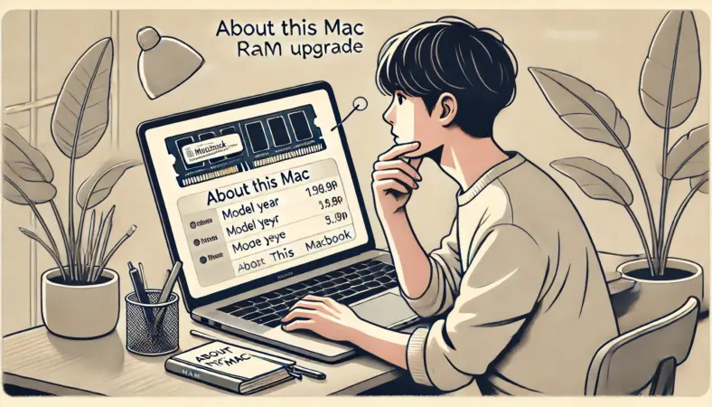 MacBookの「このMacについて」を開き、年式やチップ情報を確認しながらRAMの増設可否を調べている日本人のイラスト。デスク上にはメモ帳やペンが置かれ、整理された自宅オフィス環境が描かれている。