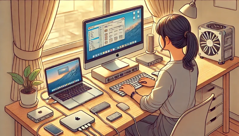 MacBookを外部モニターやUSB-Cハブ、外付けSSDと組み合わせて快適な作業環境を構築している日本人ユーザーのホームオフィスを描いたイラスト