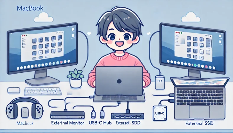 外部モニター、USB-Cハブ、外付けSSDを活用し、MacBookの作業環境を快適に拡張している日本人ユーザーの様子を描いたイラスト