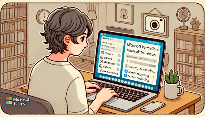 日本人ユーザーがMacBookでMicrosoft Teamsを使用するために、macOSのプライバシーとセキュリティ設定でカメラ・マイク・画面収録の権限を有効にしている様子。自宅の簡素な作業環境で慎重に設定を確認している姿のイラスト。