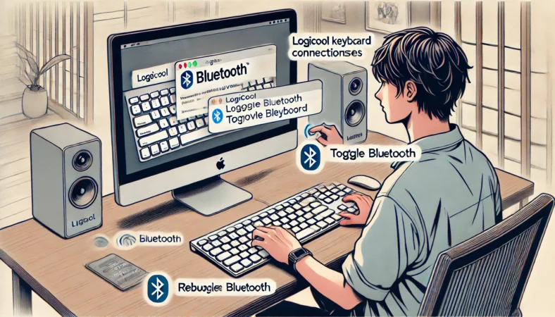 MacでLogicoolキーボードが接続できない問題に対処している日本人ユーザー。iMacの前でBluetooth設定からキーボードを登録解除し、Bluetoothを再起動し、Macを再起動する流れが描かれている。キーボードとの距離も近く、明るく整ったホームオフィスの環境。