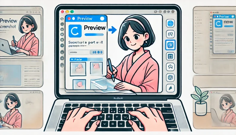 MacBookでスクリーンショットの一部をトリミングし、ノートアプリやメールに貼り付けている日本人女性のイラスト。明るく整理された作業環境で、MacBookの画面にはプレビューと貼り付け作業が描かれている。