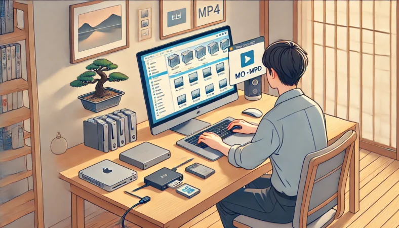 MacBookと外付けSSD、USB-Cハブを使用し、MOVファイルをMP4に変換している日本人のイラスト。整ったデスクと和モダンな室内で、ファイル整理と変換作業に集中している様子が描かれている。